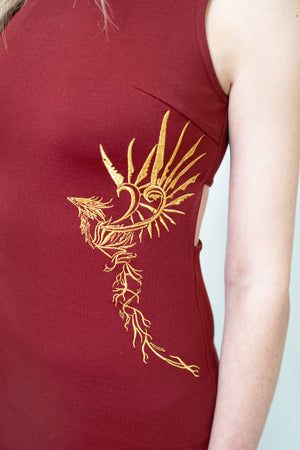 Suzaku Embroidered Bodycon Dress with Detachable Circle Sleeves